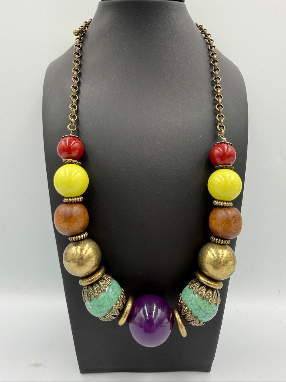 Colorful Bead Statement Necklace - Purple, Turquoise, Yellow, Red, Gold